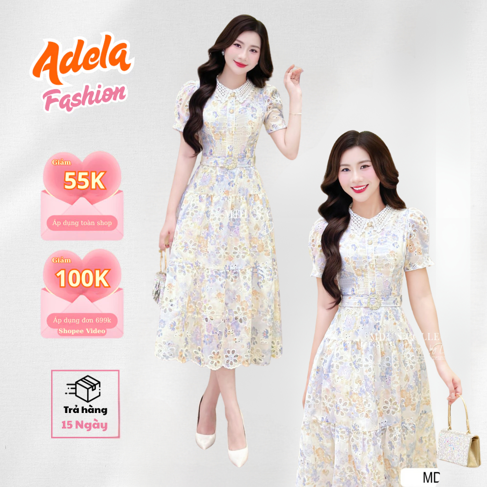 Váy Dự Tiệc Suông Chiết Eo Họa Tiết Hoa Thêu Cổ Tay Bồng Sang Trọng Chất Thô MDU5149 | ADELA SHOP