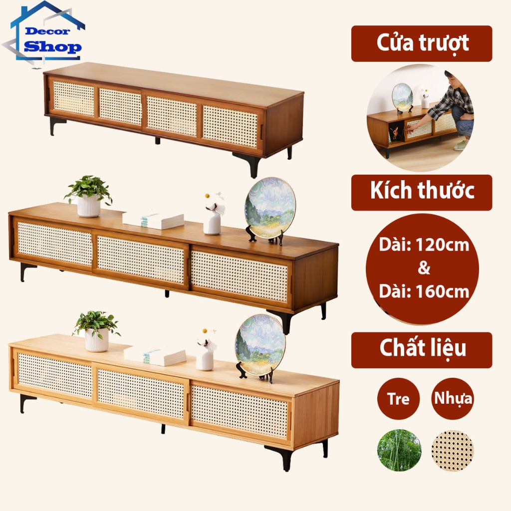 Kệ Tivi tre cửa lùa giả mây đan 1m2 1m6 - Tủ tivi phong cách cổ điển trang trí phòng khách
