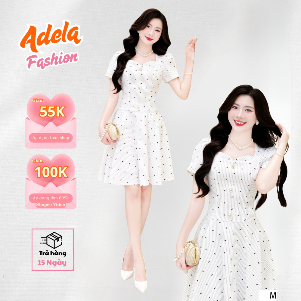 Váy Dạo Phố Ôm Eo Tay Bồng Chấm Bi Duyên Dáng Sang Trọng Chất Vải Cao Cấp MDU5148 | ADELA SHOP