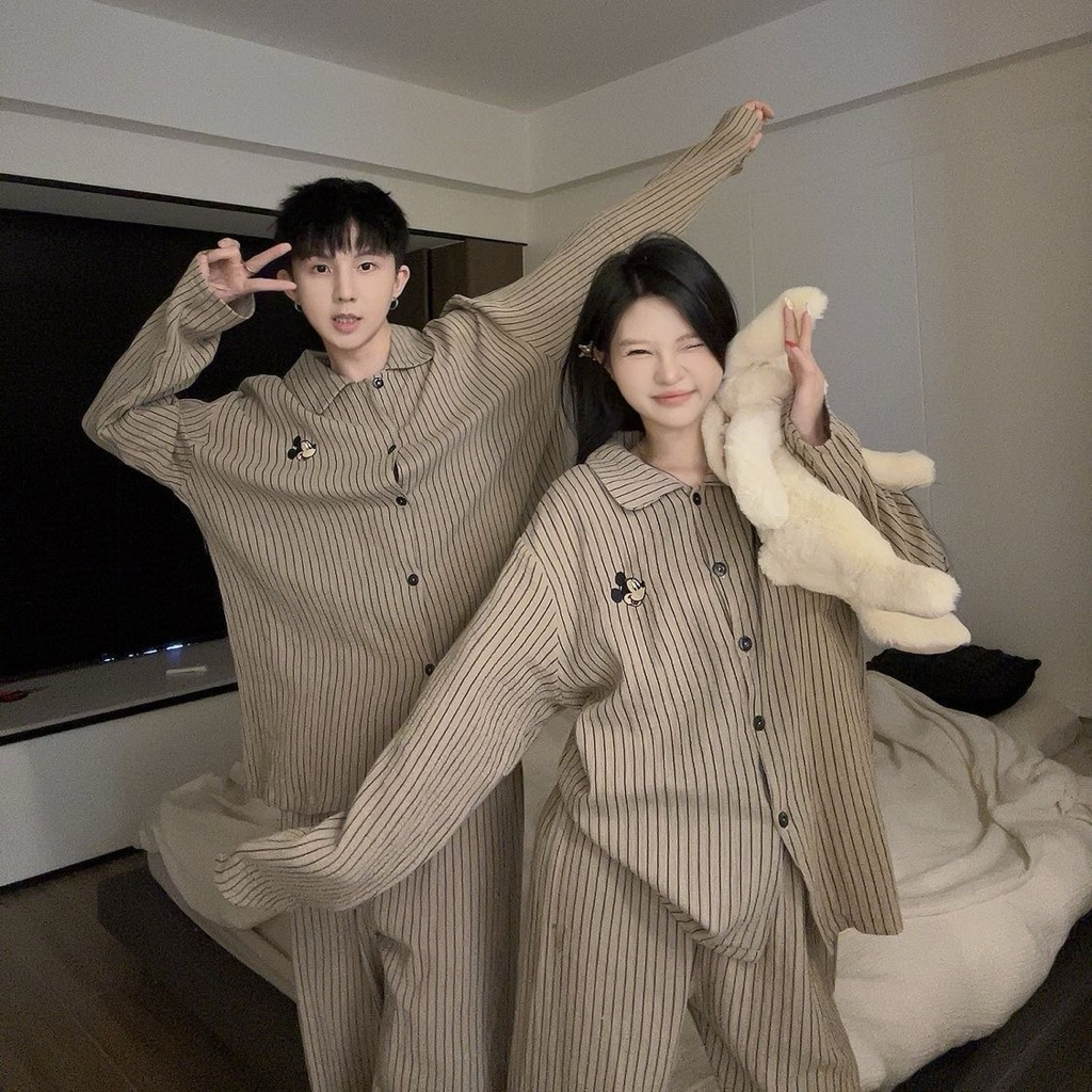 Đồ ngủ đôi unisex kẻ sọc form rộng – Pijama couple chất cotton mây mềm mịn dễ thương