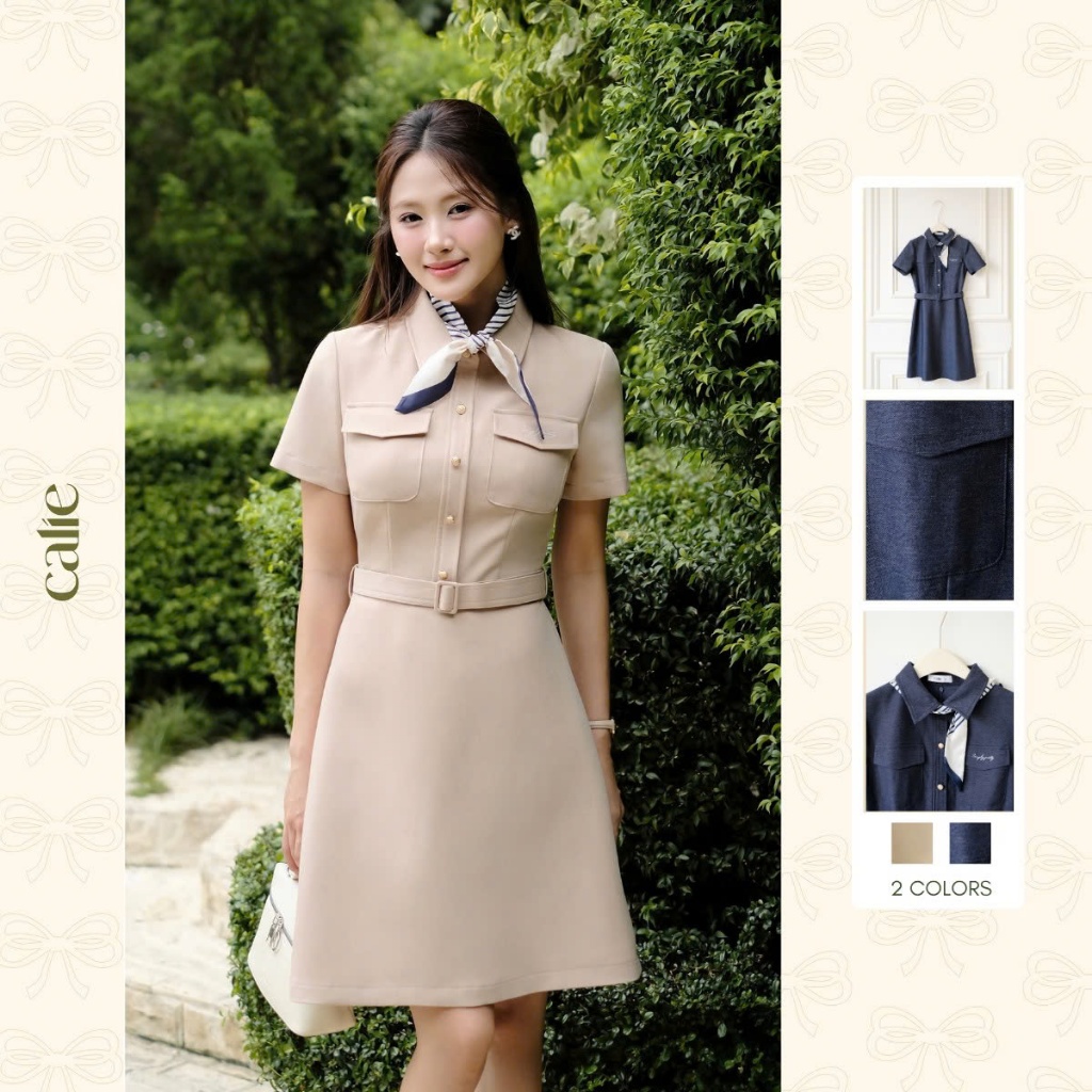 (Desk to Date) Váy dáng A chất jean cổ đức, chất liệu mềm mại, không nóng bí, thanh lịch thời trang 