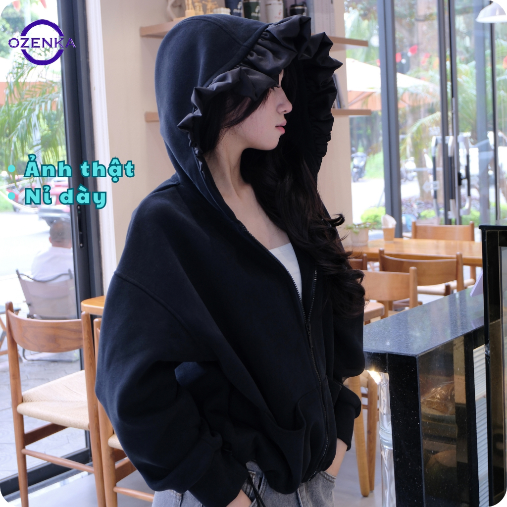 Áo Khoác Hoodie Nữ Có Mũ Bèo Nhún Dây Rút Gấu Form Rộng Nỉ 2 Da Ozenka – Áo Thu Đông Khóa Kéo Basic 
