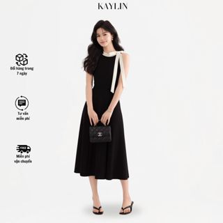  Đầm xòe đen phối nơ trắng váy dáng dài tiểu thư KAYLIN - BS068 