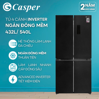   KHÔNG GIAO MIỀN TRUNG  Tủ lạnh 4 cánh Casper Inverter - Ngăn đông mềm - 432L  540L - RM-E432PBS  RM-D540SBS 