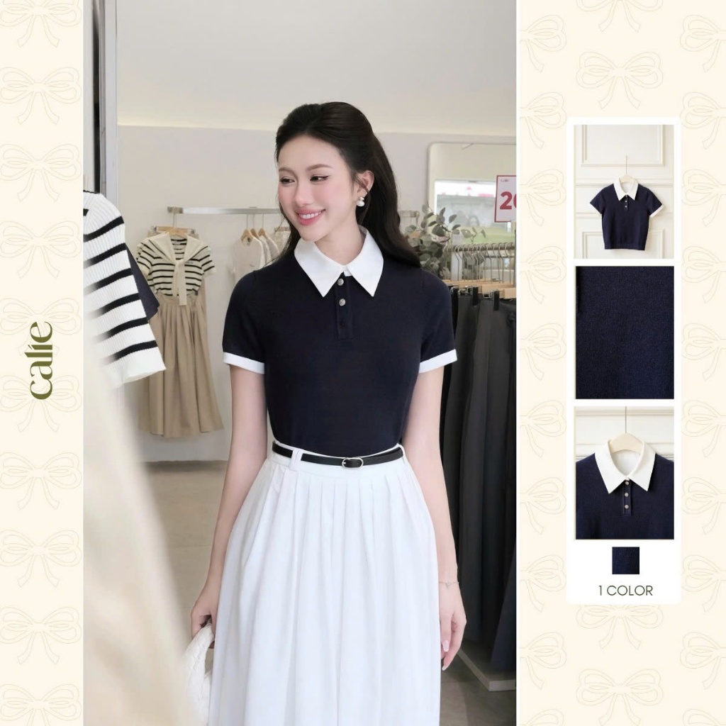 (Desk to Date) Áo dệt kim cổ tròn phối viền cổ rời, chất liệu mềm mát, co dãn mix cùng váy, quần thời trang Calie AF179 | BigBuy360 - bigbuy360.vn