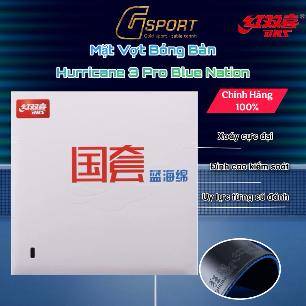 Mặt vợt Bóng Bàn Hurricane 3 Tuyển Quốc Gia - Mặt Vợt H3 NT Blue - Mặt Vợt DHS H3 Lót Xanh Tuyển Quố