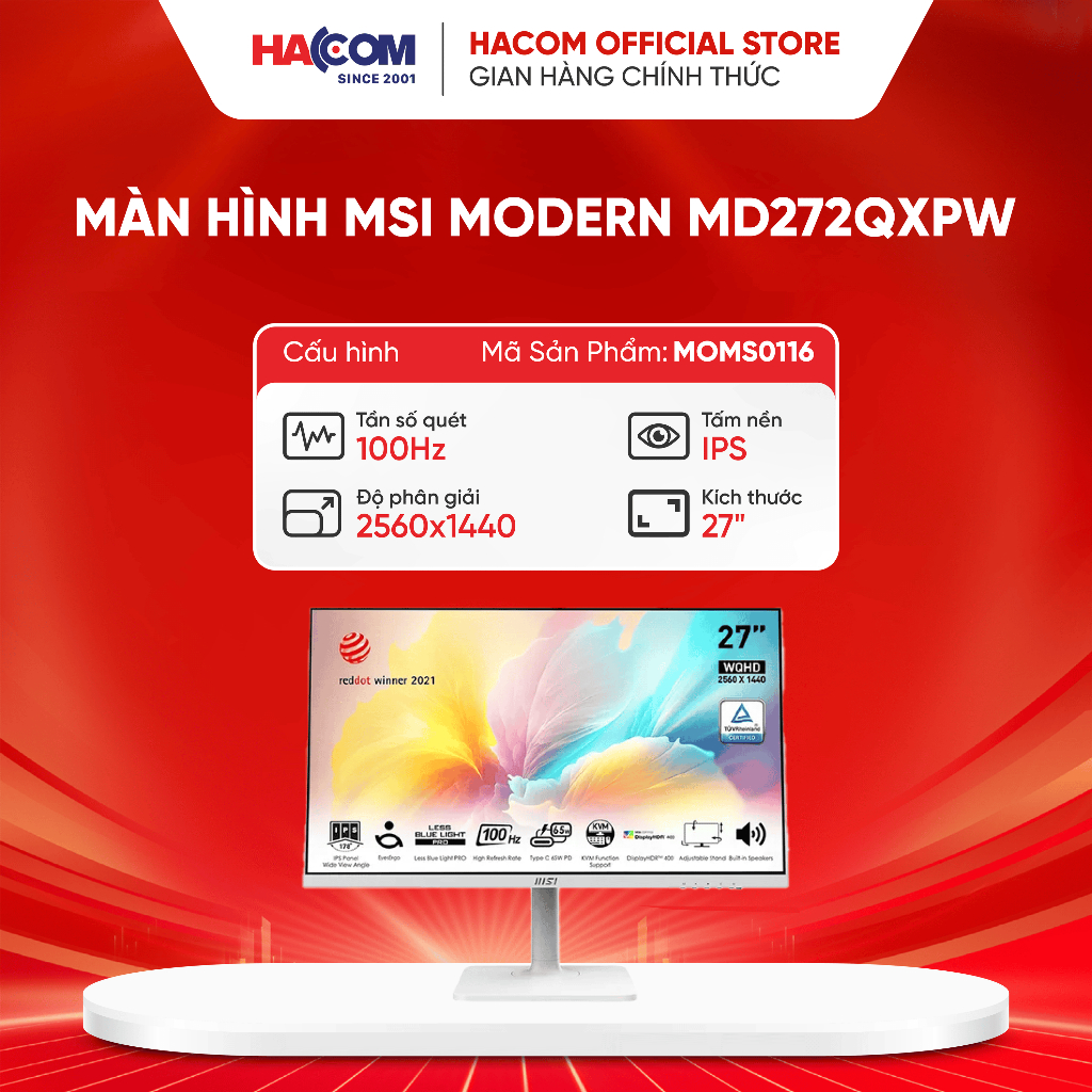 Màn hình MSI Modern MD272QXPW (27 inch/QHD/IPS/100Hz/1ms/loa/USB-C 65W)