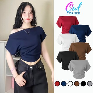  Áo Croptop Tay Ngắn TRỄ VAI CÁNH DƠI Nhún Eo Vạt Tròn Bầu Chất Cotton CR86 Áo Thun Lệch Vai Kiểu Nữ Ôm Body OWL CORNER 