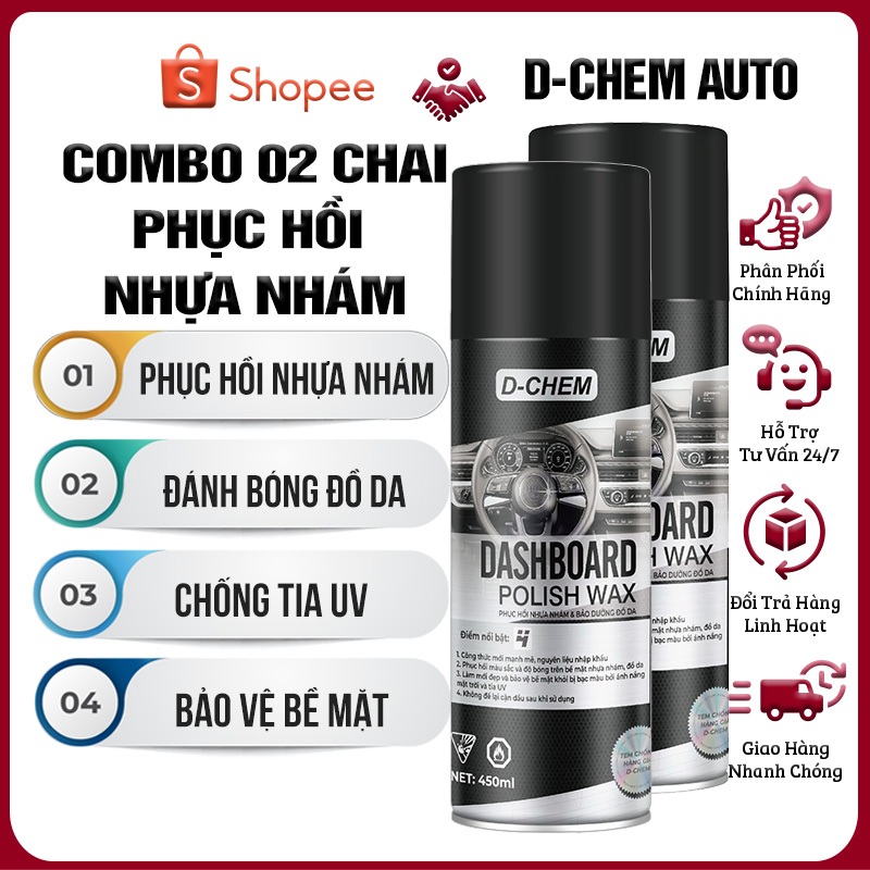 Combo 02 Chai Phục Hồi Nhựa Nhám D-Chem Chính Hãng Dưỡng & Đánh Bóng Nhựa Nhám Ô Tô Xe Máy