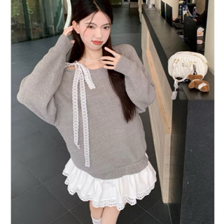  Set Áo Nỉ Dài Tay Lệch Vai Viền Bo Phối Chân Váy Xòe Viền Ren Chất Vải Nỉ Cotton Dày Dặn Ấm Áp 