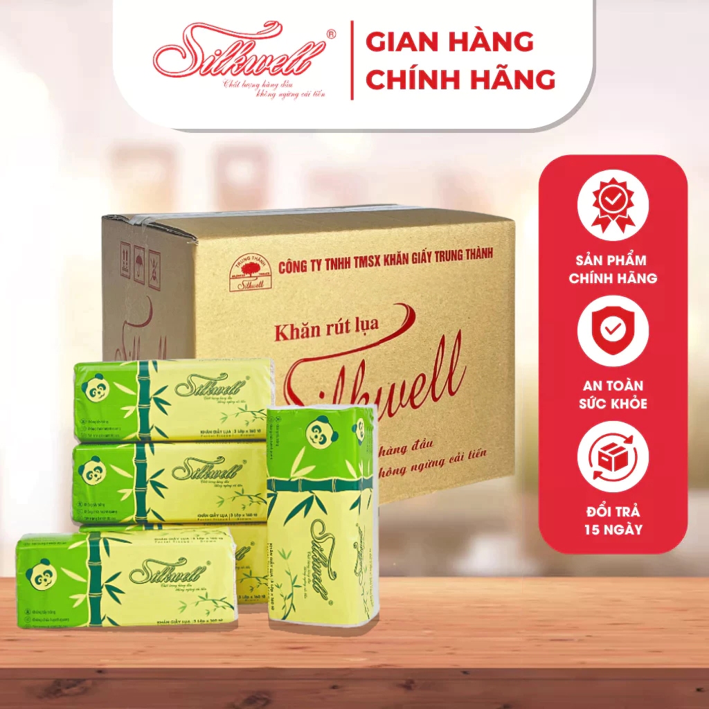 Thùng 9 gói giấy ăn gấu trúc khổ lớn Silkwell 100% bột tre nhập khẩu cao cấp tiện lợi