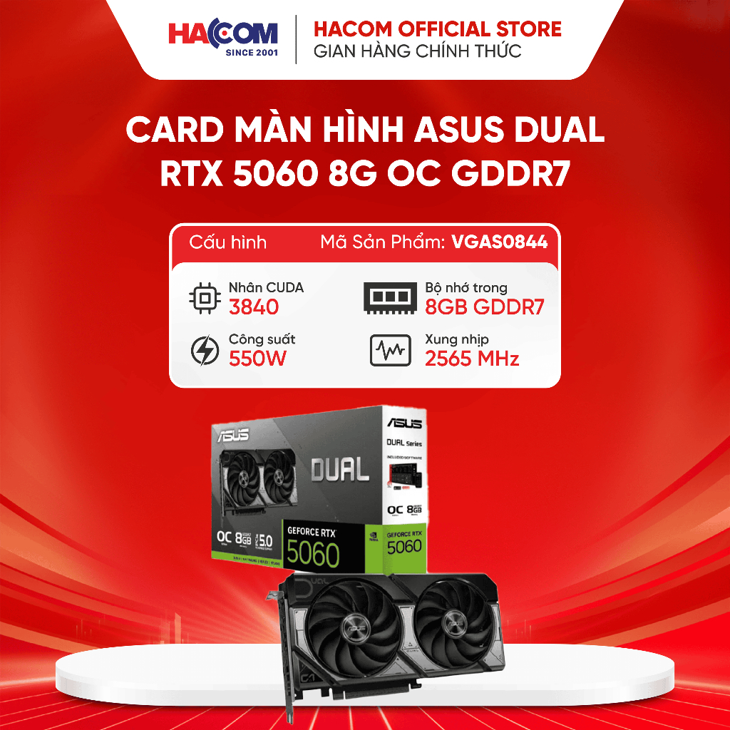 Card màn hình Asus DUAL RTX 5060 8G OC GDDR7 (DUAL-RTX5060-O8G) - bảo hành 36 tháng