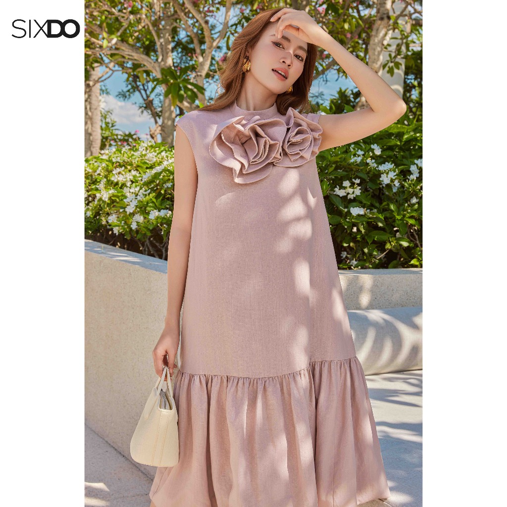 Đầm suông hồng phối hoa 3D SIXDO (Light Pink 3D Flower Linen Loose Dress)