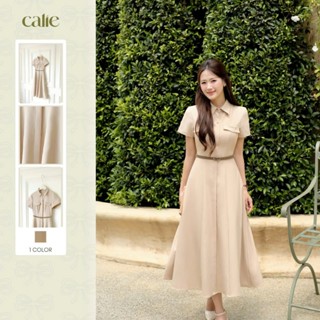   Desk to Date  Đầm sơ mi be nâu có thêu nắp túi chất liệu cao cấp form basic thanh lịch thời trang nữ Calie VX303 