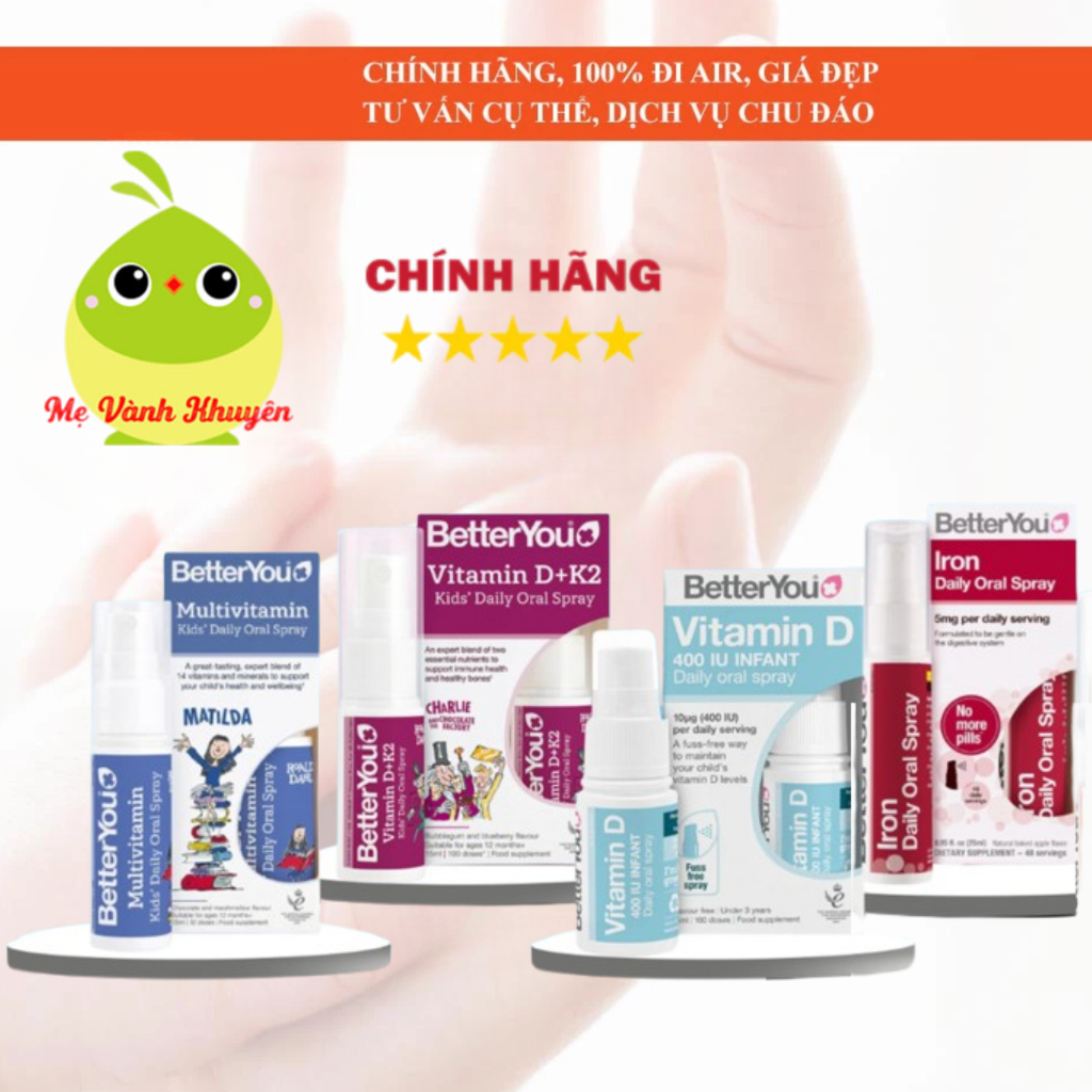 Vitamin D, sắt, D3 K2, Vitamin tổng hợp dạng xịt Better You Daily Oral Spray, UK (15ml/25ml) dành ch