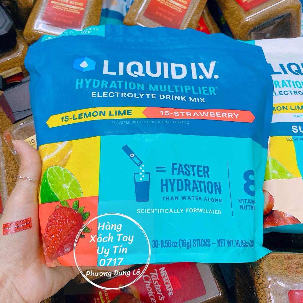 (1 Túi) 30 gói vị chanh và vị dâu bột bù nước bù điện giải Liquid IV chuẩn Mỹ Hydration Multiplier E