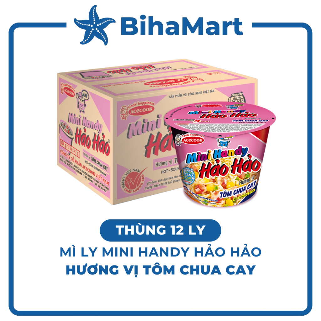 [THÙNG 12 LY] - ACECOOK - Mì ly Mini Handy Hảo Hảo hương vị Tôm chua cay, Mì ly Tôm chua cay Hảo Hảo