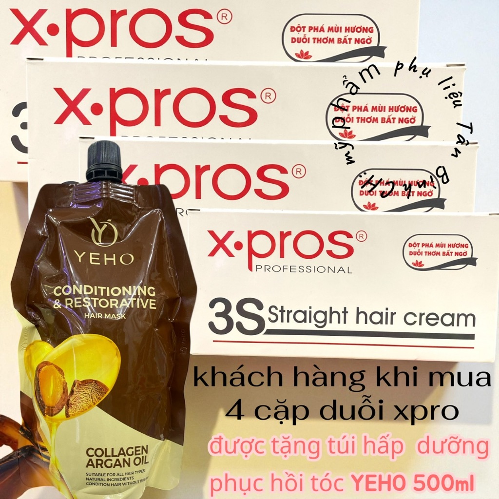 COMBO HOT Kem Duỗi Tóc X-pros 3S Straight Hair Cream 1000ml ( 4 Cặp Tặng 1 Hấp Phục Hồi Yeho )