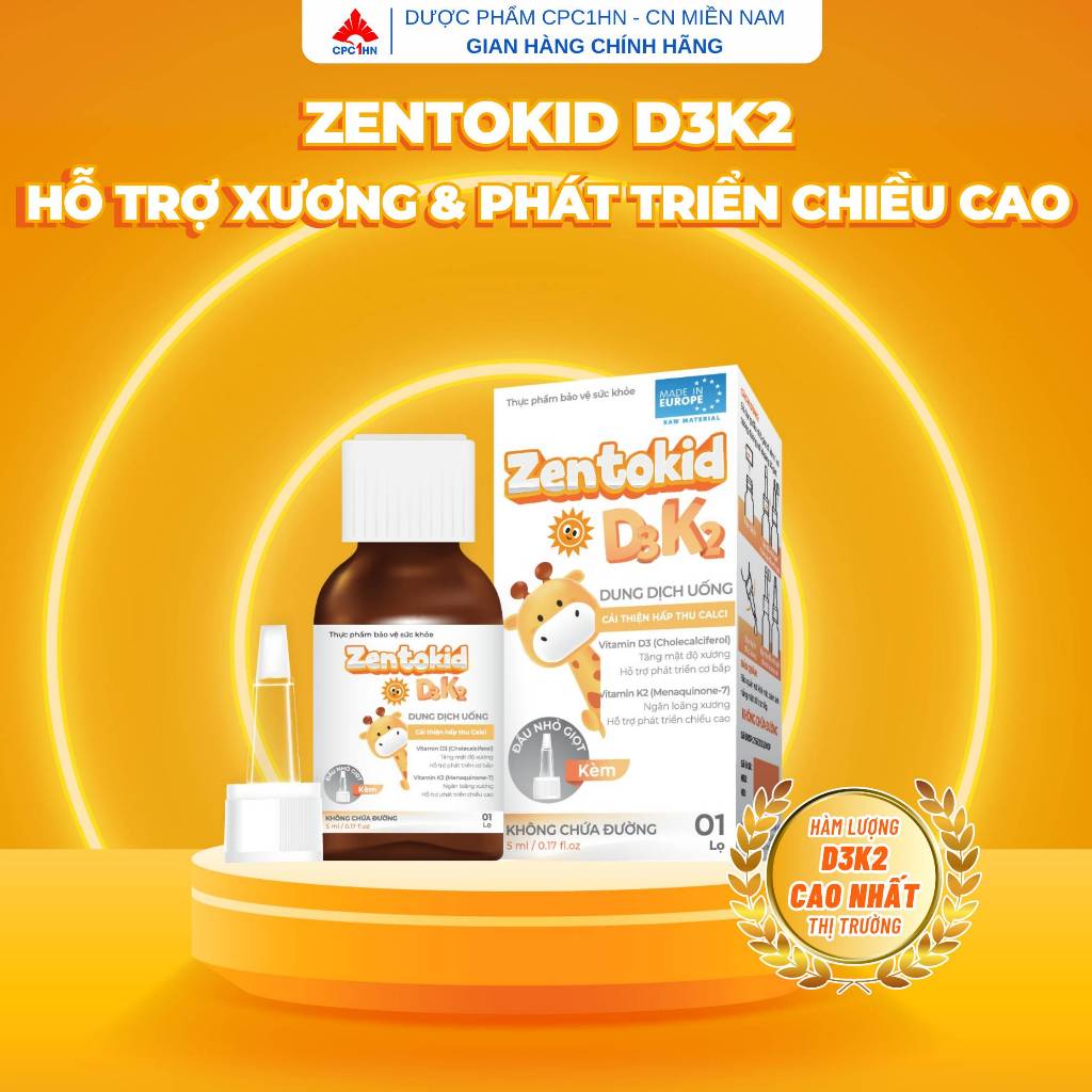ZENTOKID D3K2 - Hỗ Trợ Tăng Cường Hấp Thu Calci, Giúp Xương, Răng Chắc Khoẻ [ Siro nhỏ giọt ]