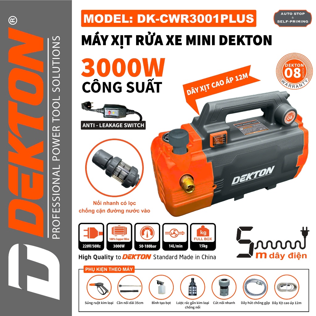 Máy rửa xe chỉnh áp DEKTON DK-CWR3001Plus, 3000W 180Bar Có chống giật Lưu lượng 14 lít/phút