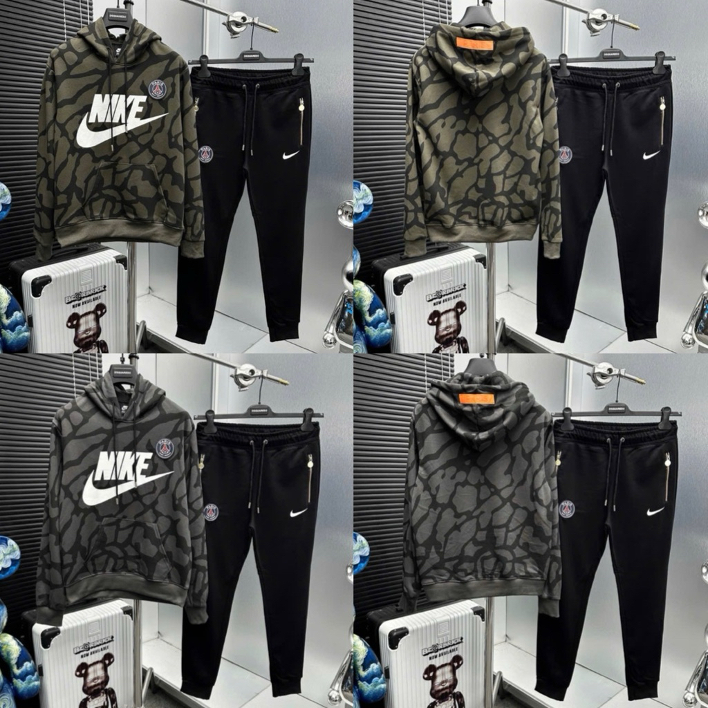 Bộ quần áo nỉ dài tay thể thao nam PSG phủ loang in chữ vết trắng cạnh thêu logo tròn