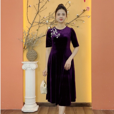 Đầm xòe trung niên cho mẹ - Chất liệu : Nhung cao cấp - Cổ tròn kết ngọc tay lỡ - Tím - TTV2001