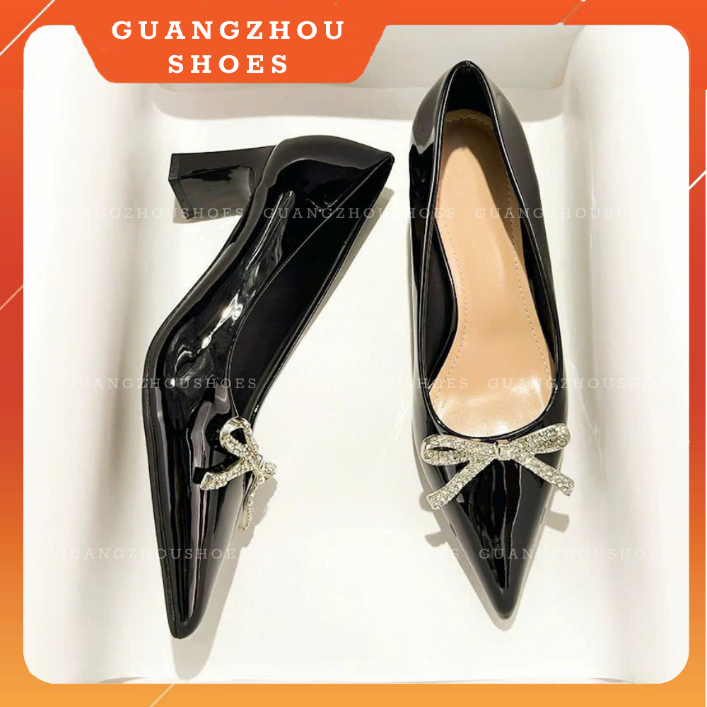 C6002 Gìay cao gót nữ da bóng nơ đá fullbox QCCC