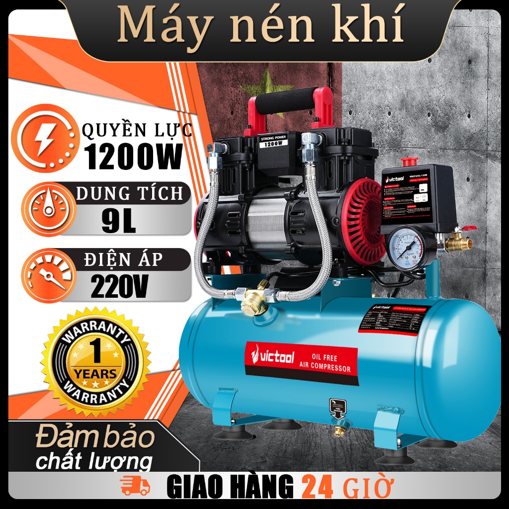 Máy Nén Khí Không Dầu Victool 1200W Bình 9L Nạp Khí Nhanh Độ Ồn Thấp Dùng Cho Phun Sơn, Bơm Xe