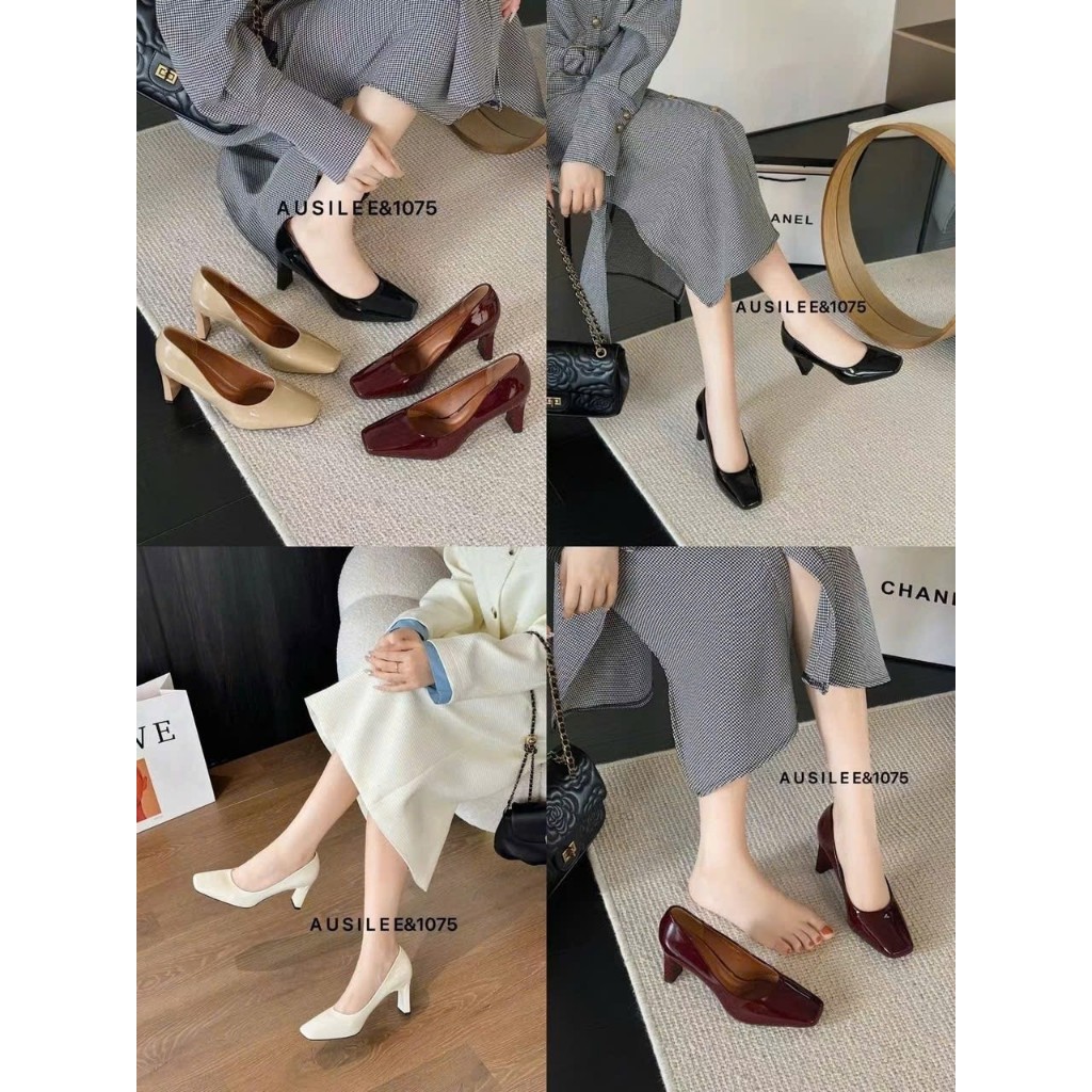 AUSILEE | Giày gót nữ size 34-39 Giày cao gót cao cấp da bóng sang chảnh gót trụ đế cao 7cm 0S1075