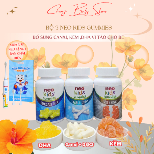 Bộ 3 NEO KIDS GUMMIES, Neo kids Canxi, Neo Kids ZinC bổ sung kẽm cho bé hộp 60 viên