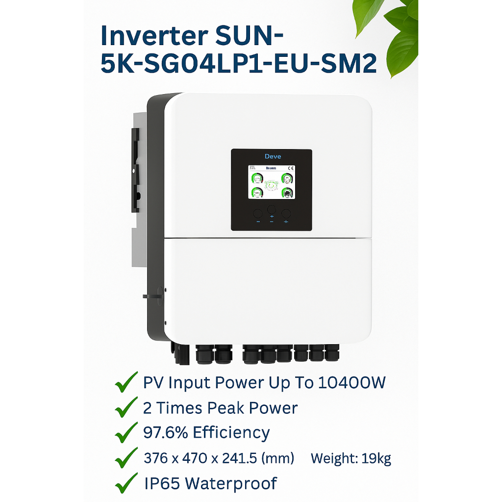 Inverter Hybrid Deye 5KW SUN-5K-SG04LP1-EU-SM2 – Hòa Lưới Có Lưu Trữ, Hiệu Suất 97.6%, IP65
