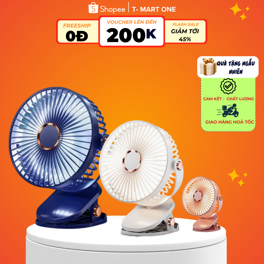 Quạt Kẹp Bàn Mini Tích Điện Dung Lượng 10.000mAh, 5 Chế Độ Gió, Xoay 360 Độ Kèm Đèn Ngủ & Pin Sạc.