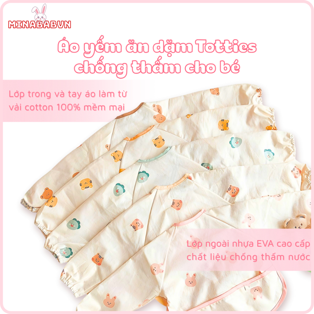 Áo yếm ăn dặm Totties chống thấm cho bé, Áo yếm dài tay có máng hứng chống rơi vãi phong cách Hàn