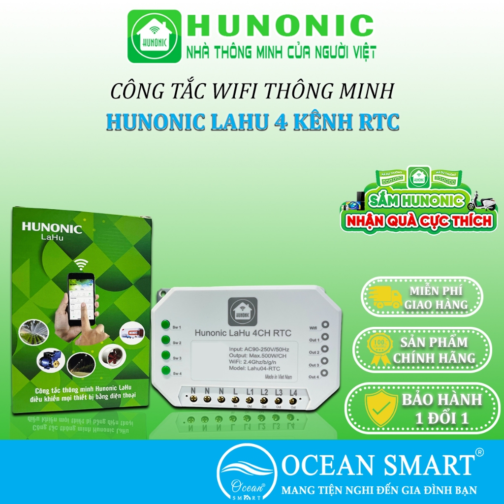 Công Tắc Thông Minh Wifi Hunonic, Công Tắc Hẹn Giờ Không Cần Internet Lahu RTC - LAHU04 RTC