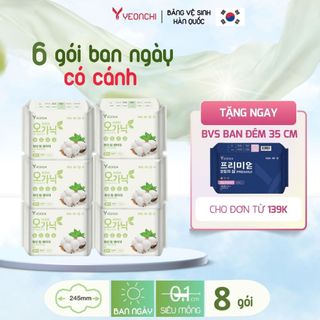  Combo 6 băng vệ sinh ban ngày có cánh Yeonchi Organic  245mm siêu mỏng 0.1cm công nghệ Hàn Quốc 