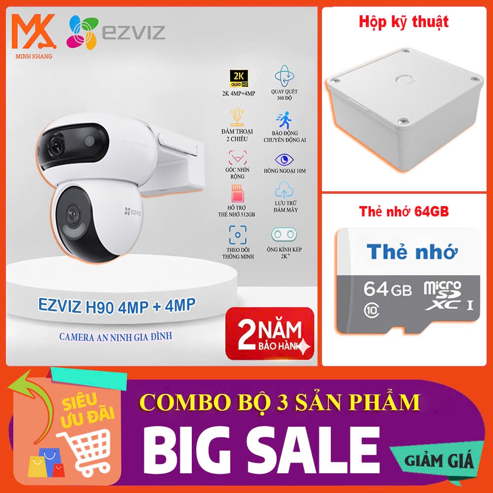 Combo Camera Ngoài Trời EZVIZ H90 Dual 4MP + 4MP | Kèm Hộp Kỹ Thuật + Thẻ Nhớ 64G/128G