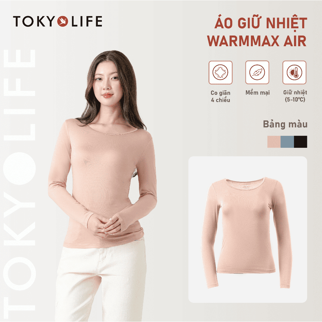 Áo giữ nhiệt dài tay WarmMax Air TOKYOLIFE Nữ cổ tròn chất vải co giãn giữ nhiệt cả ngày cho thời ti