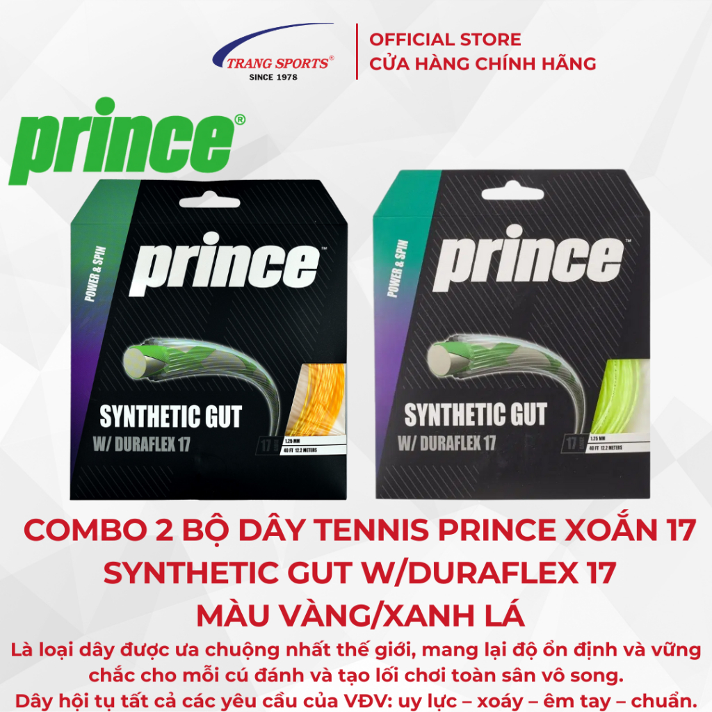 COMBO 2 BỘ DÂY TENNIS PRINCE XOẮN 17 SYNTHETIC GUT W/DURAFLEX 17 MÀU VÀNG/XANH LÁ