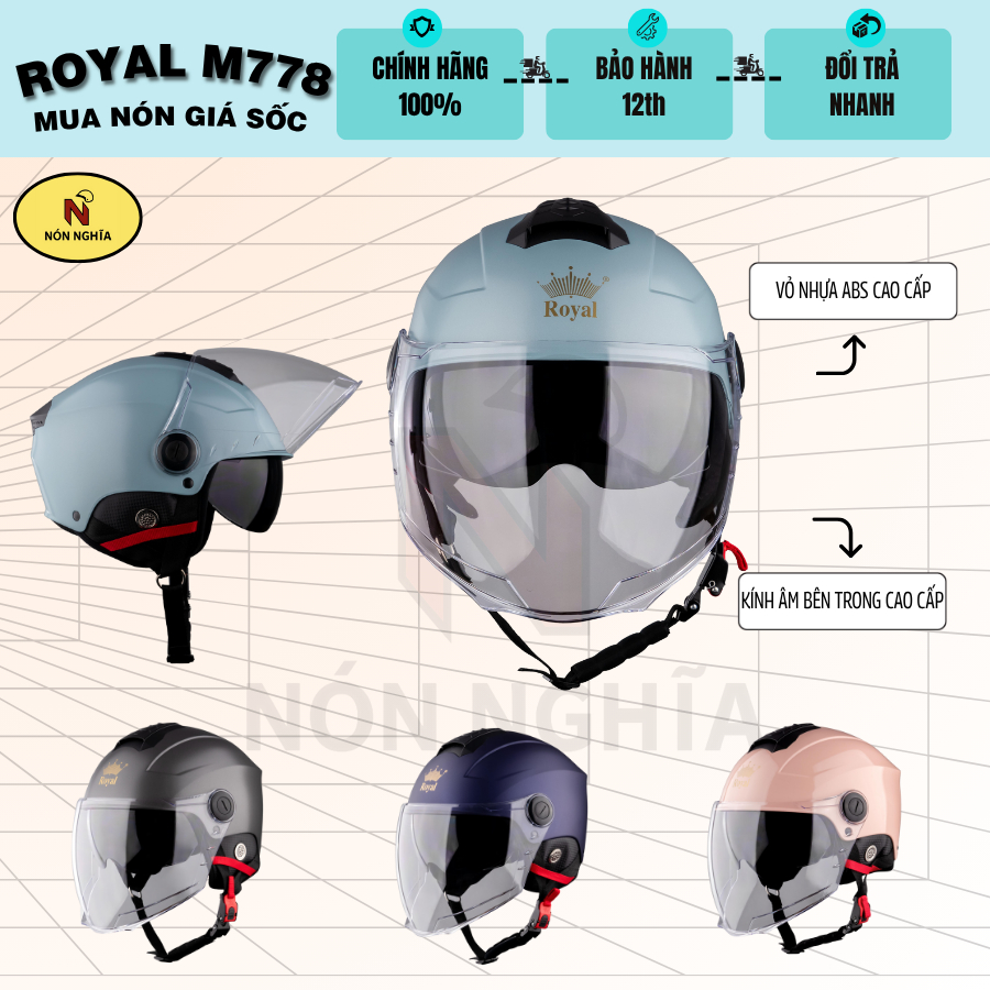 Nón bảo hiểm nửa đầu Royal M778K - Nón có 2 lớp kính - Đi đêm đi ngày đều được - Bảo hành 12 tháng -