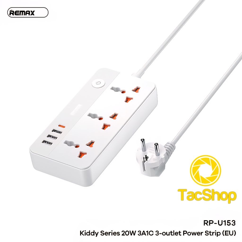 Ổ cắm điện Remax RP-U153 hỗ trợ 1 Cổng Type C PD 20W và 3 cổng USB - 3 ổ điện Chính Hãng