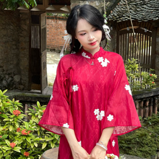  Set áo dài đũi vân đính hoa cổ đứng đính nơ dáng xuông tay lỡ kèm quần lụa phi 24FebStudio AD20 