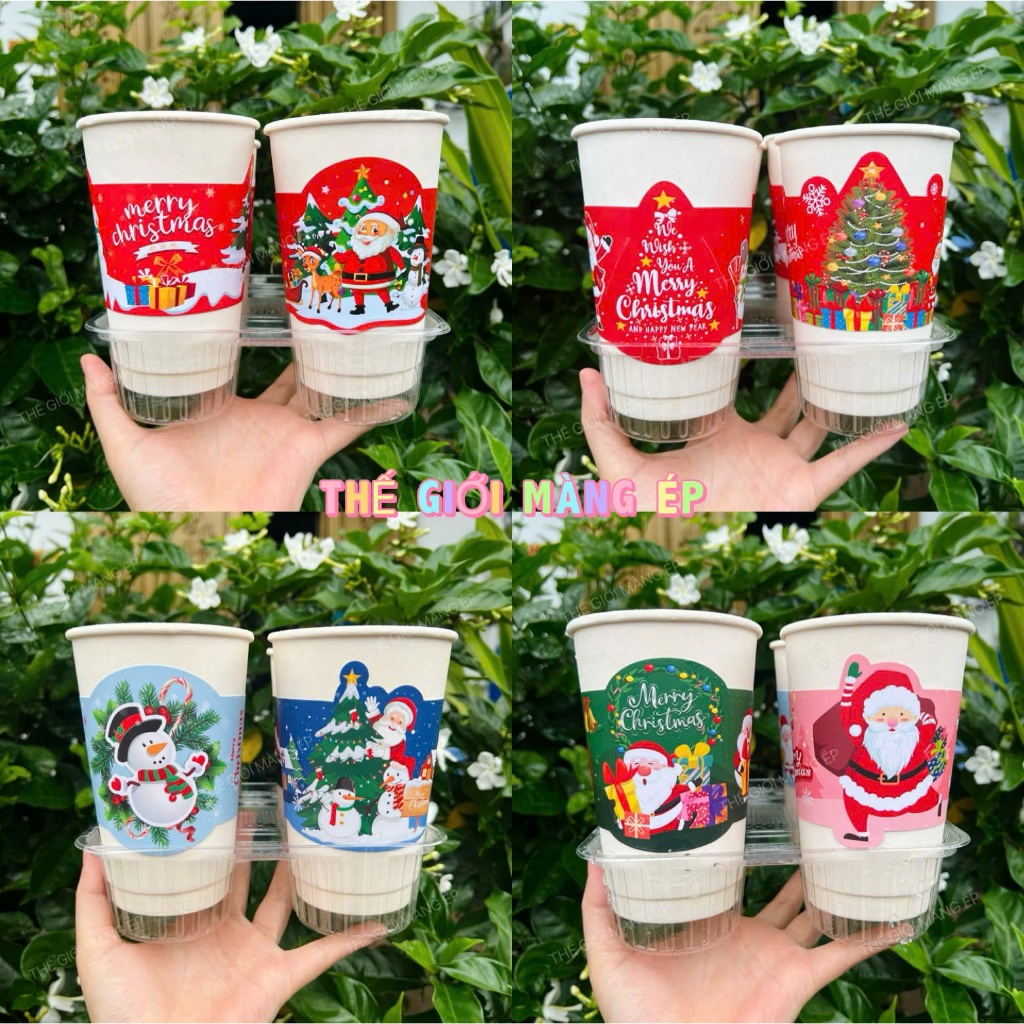 100 Cup Holder Noel 2025 Kèm Tag Ống Hút – Trang Trí Ly Giấy, Ly Nhựa Ông Già Noel Decor Quán