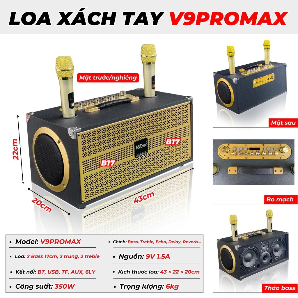 Loa Kéo Karaoke Xách V9 Promax 6 Đường Tiếng Tay Kèm 2 Micro Karaoke Hay Chống Hú, Công suất Lớn,, Bass Sub Siêu Trầm