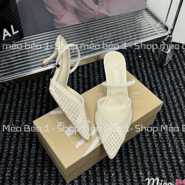 Sục zara lưới kem quai ngang gót nhọn fullbox