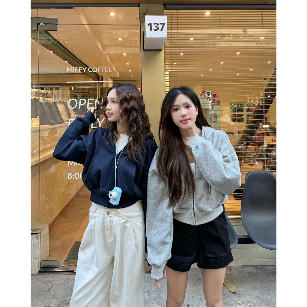  Áo khoác nỉ croptop mũ siêu to Áo hoodie zip dày dặn dáng rộng siêu xinh Miho Studio 