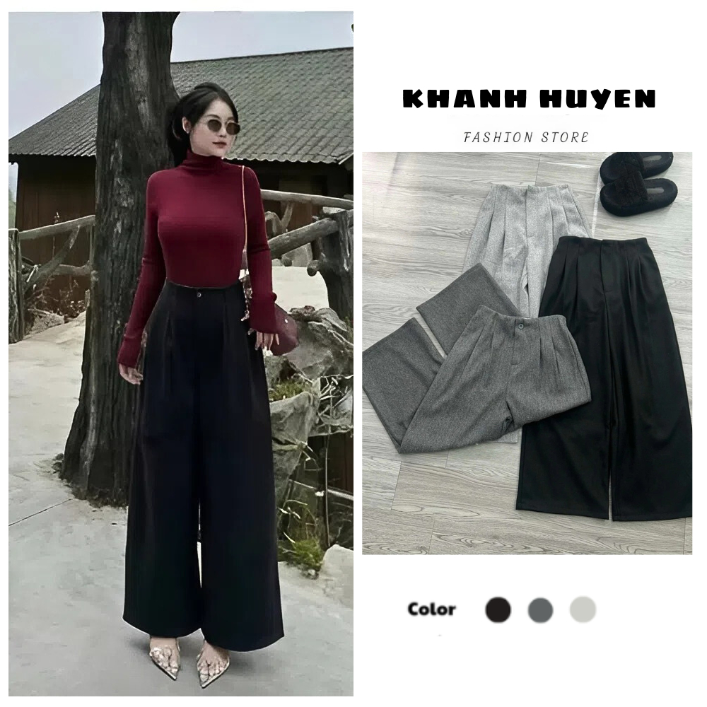  Quần dạ nữ ống rộng phối ly KH2008  dáng suông dài dày dặn giữ ấm mùa đông 