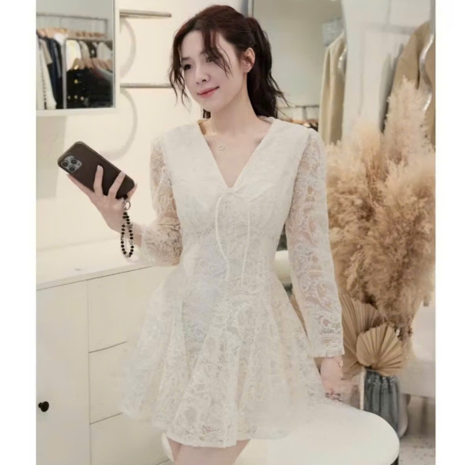 Váy ren cổ V dự tiệc phối chân ren dài tay Q3T Store váy nữ dáng ngắn dài tay