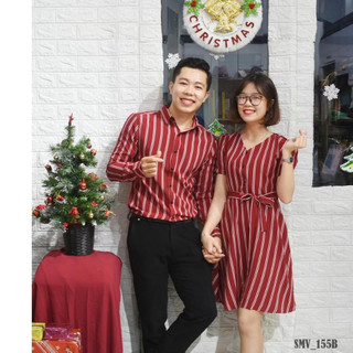 Set Áo Sơ Mi Váy Đôi FigTree Sọc Đỏ Siêu Hot Cho Cặp Đôi Mã 155B