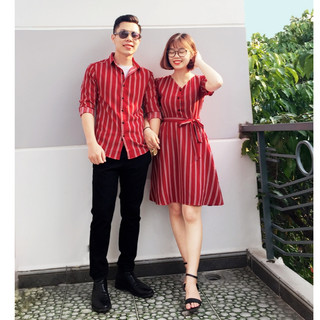 Set Áo Sơ Mi Váy Đôi FigTree Sọc Đỏ Siêu Hot Cho Cặp Đôi Mã 155B