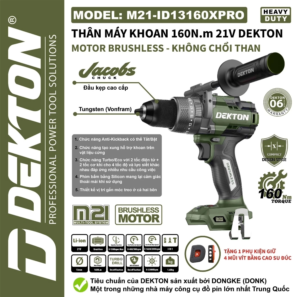 Thân máy khoan pin DEKTON M21-ID13160PRO và M21-ID13160XPRO, Đầu Jacobs 3 Chức năng Không chổi than 